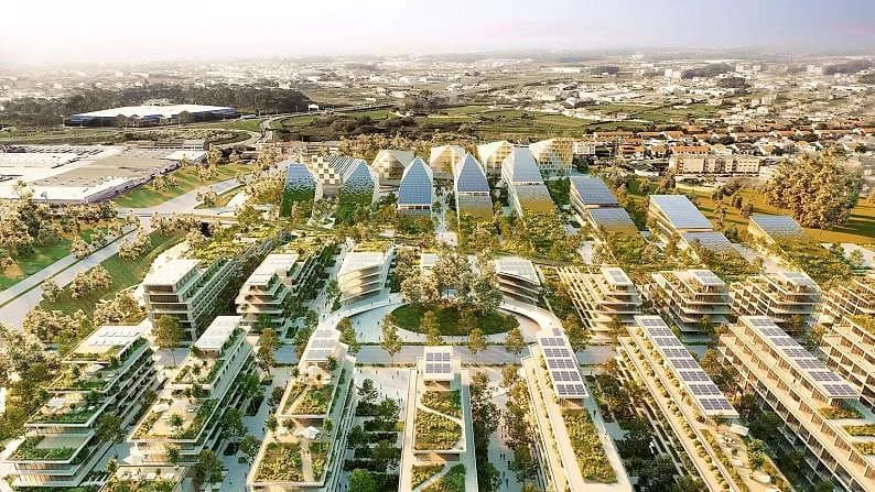 Vue aérienne d'un écoquartier : toits solaires et toitures végétalisées